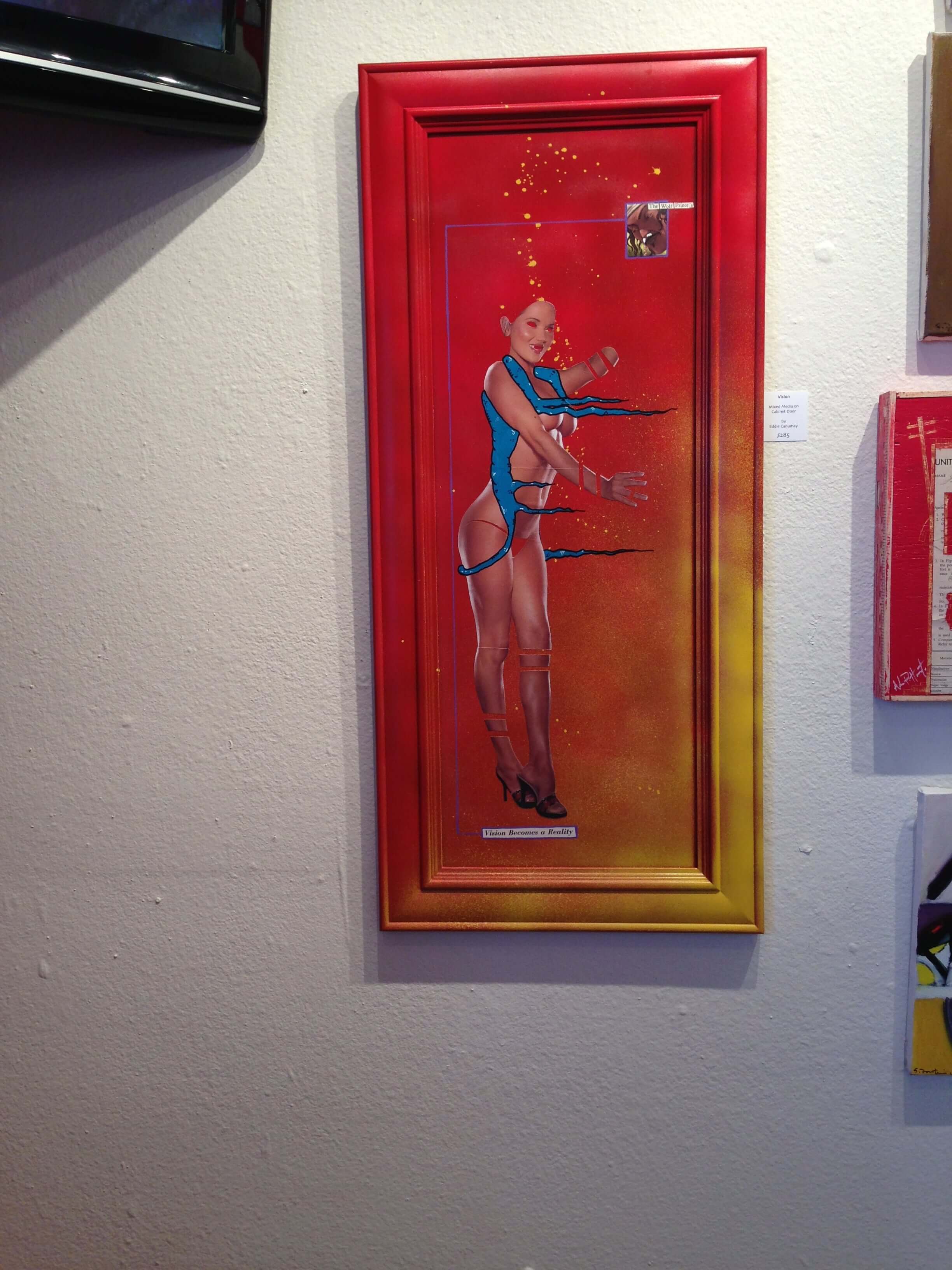 Eddie Canumay mix media on cabinet door titled "Vision" ... POW! exclusively priced at Jana's RedRoom only $285